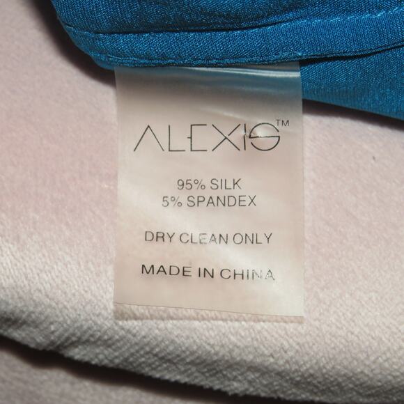 Alexis Blue Cadiz Silk Blend Puff Sleeve Satin Cocktail Midi Dress - Picture 12 of 12